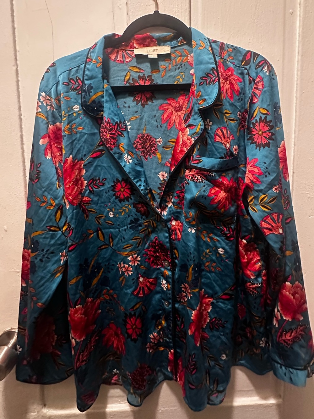 LOFT Teal Floral Blouse with Pink and Yellow Accents